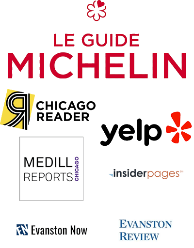 logos: michelin, chicago reader, yelp, medill reports, insider pages, evanston now, evanston review