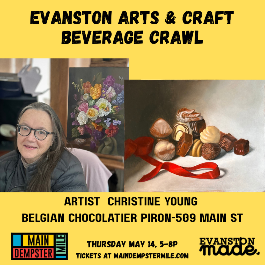 Evanston Arts & Craft Beverage Crawl Poster with our artist Christine Young
