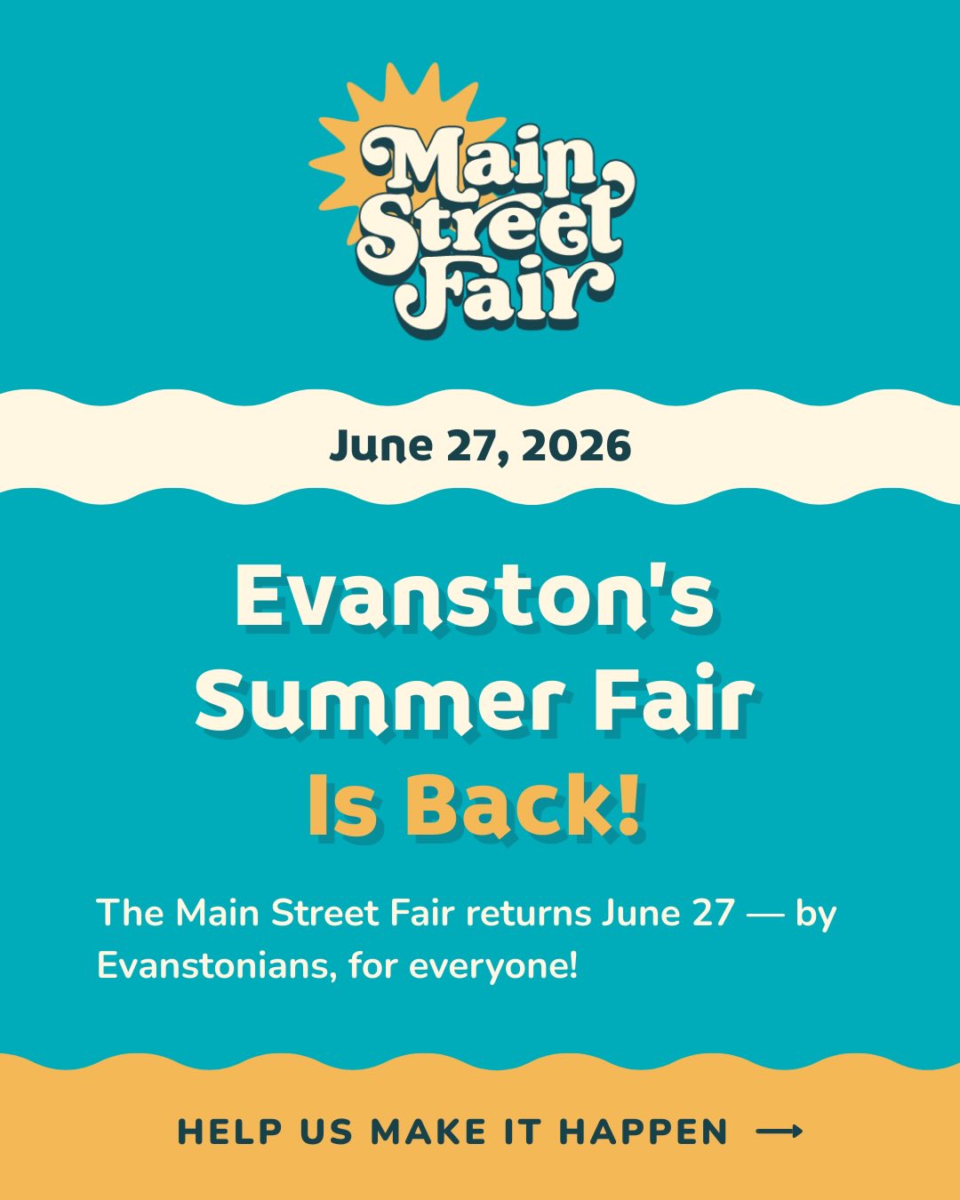 Main Street Fair Poster identifying the date as June 27th, 2026, 11am to 9pm, with a link to the main website for the fair for more information.